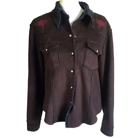 Tasha Polizzi Med Brown And Pink Faux Suede Pearl Snap Western Shearling Jacket - Picture 13 of 13